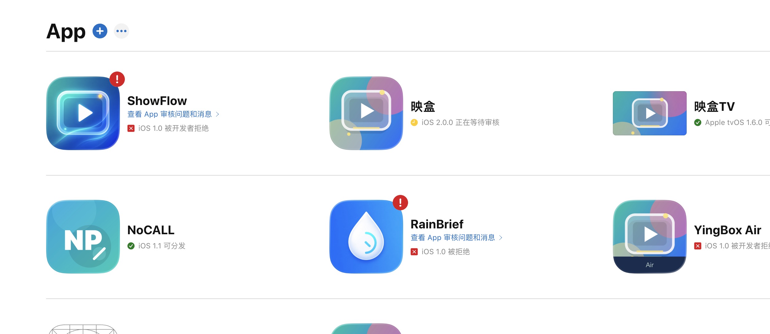 App Store Connect workspace overview showing the YingBox family of apps across iOS and tvOS